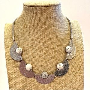 White House Black Market Statement Necklace silver w/ marbled beaded crescent